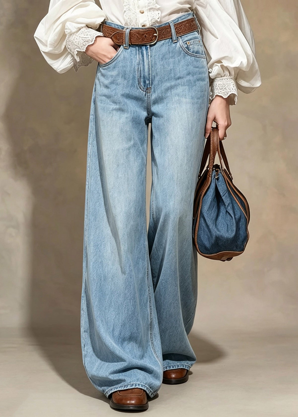 Simple Blue Pockets Wide Leg Jeans Fall