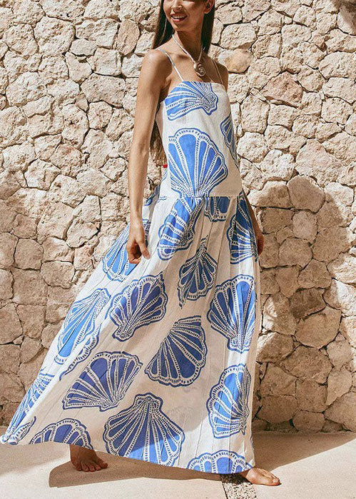 Simple Blue Print Exra Large Hem Cotton Spaghetti Strap Dresses Summer