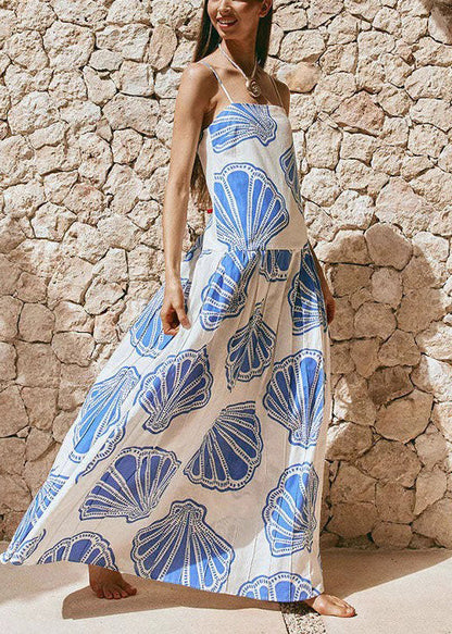 Simple Blue Print Exra Large Hem Cotton Spaghetti Strap Dresses Summer