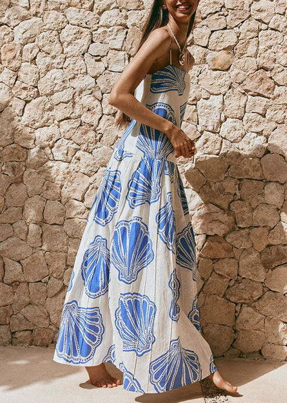 Simple Blue Print Exra Large Hem Cotton Spaghetti Strap Dresses Summer