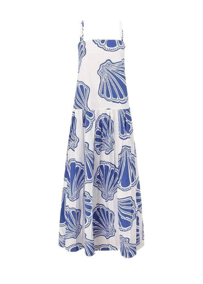 Simple Blue Print Exra Large Hem Cotton Spaghetti Strap Dresses Summer