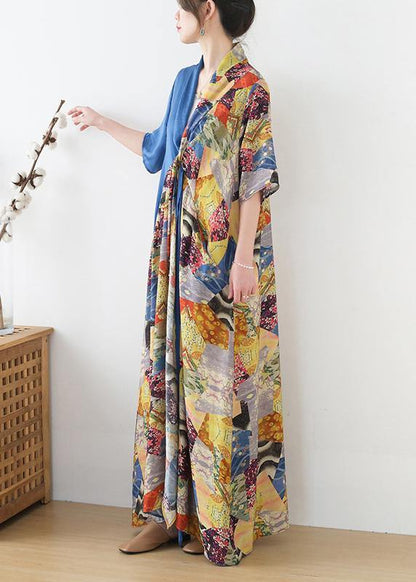 Simple Blue Print Patchwork  Summer Chiffon Dress - SooLinen