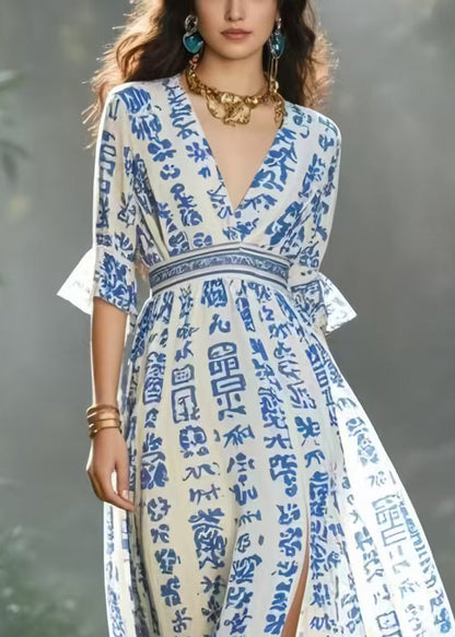 Simple Blue Print Side Open Chiffon Long Dress Summer