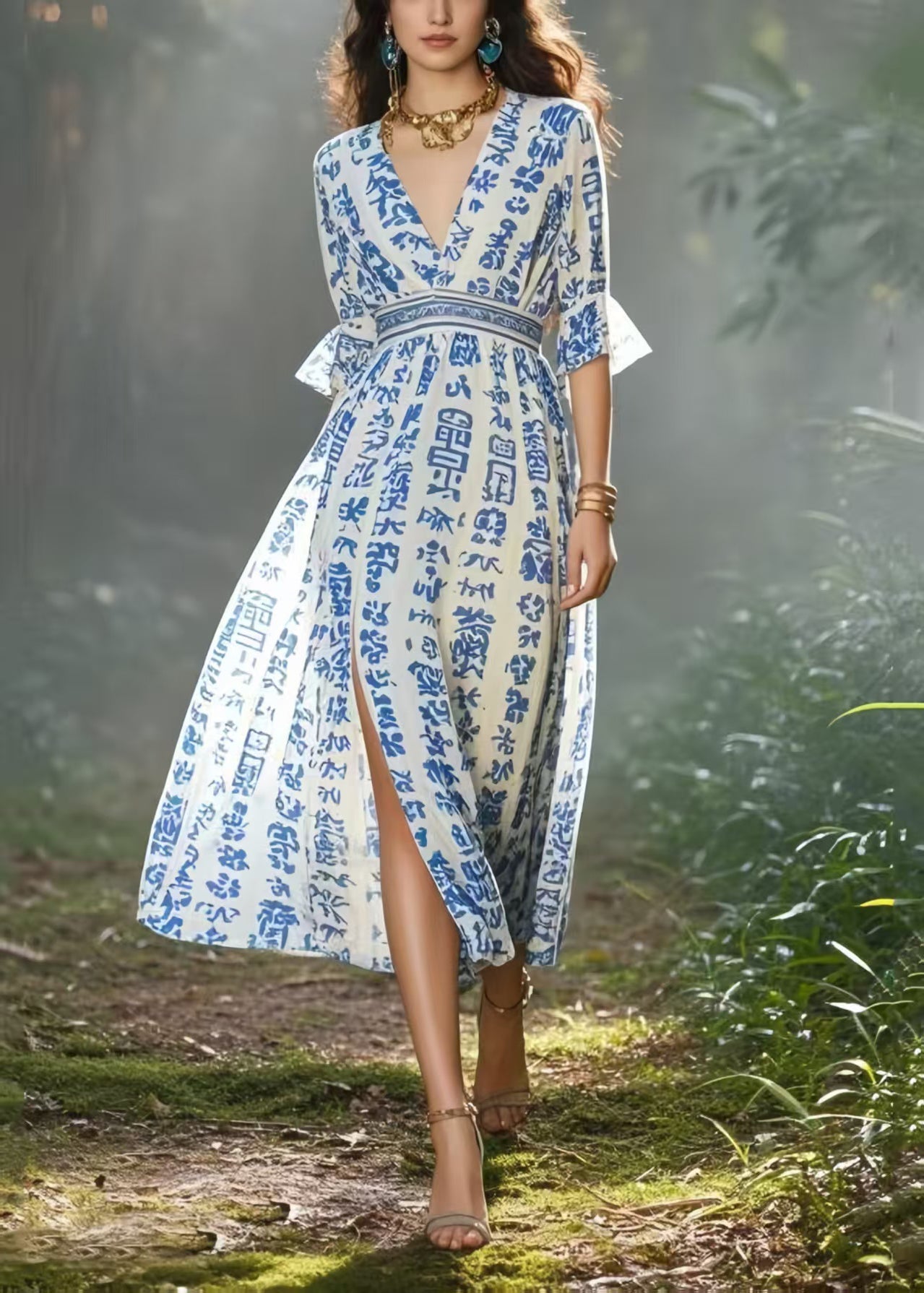 Simple Blue Print Side Open Chiffon Long Dress Summer