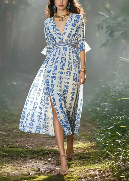 Simple Blue Print Side Open Chiffon Long Dress Summer