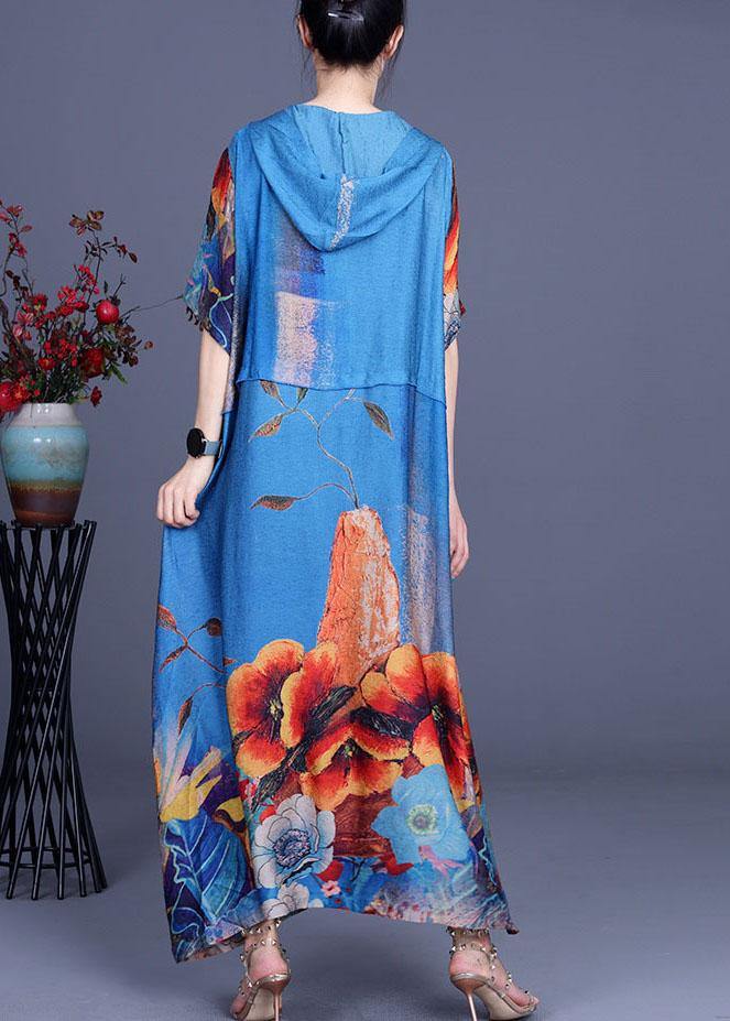 Simple Blue Print hooded Patchwork Silk Ankle Dress Summer - SooLinen
