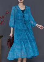 Simple Blue Ruffled Print Lace Up Chiffon Beach Dress Spring