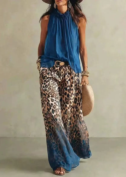 Simple Blue Ruffled Top And Gradient Color Leopard Wide Leg Pants Two Piece Set Sleeveless