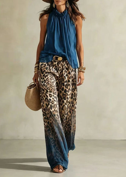Simple Blue Ruffled Top And Gradient Color Leopard Wide Leg Pants Two Piece Set Sleeveless