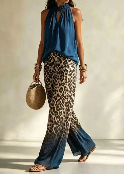 Simple Blue Ruffled Top And Gradient Color Leopard Wide Leg Pants Two Piece Set Sleeveless