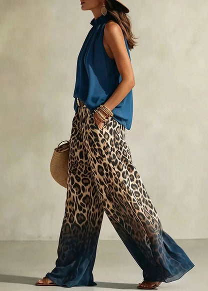 Simple Blue Ruffled Top And Gradient Color Leopard Wide Leg Pants Two Piece Set Sleeveless