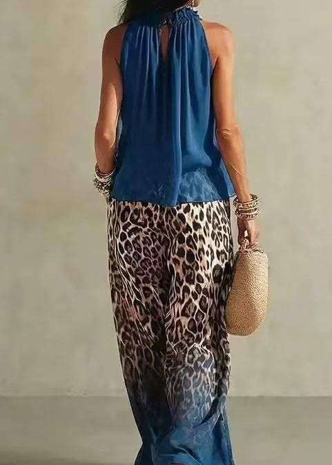 Simple Blue Ruffled Top And Gradient Color Leopard Wide Leg Pants Two Piece Set Sleeveless