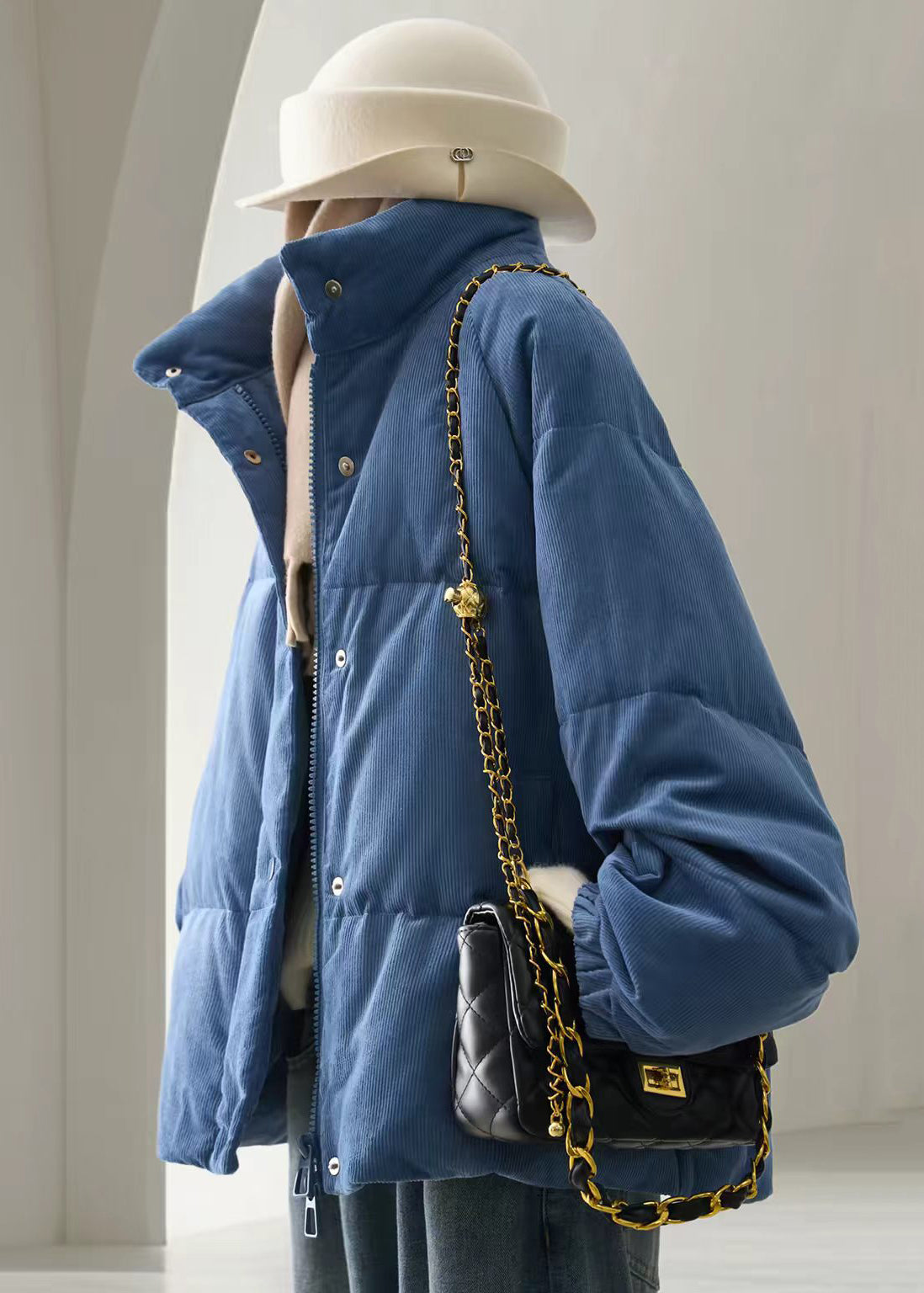 Simple Blue Stand Collar Corduroy Fine Cotton Filled Puffer Jacket Winter