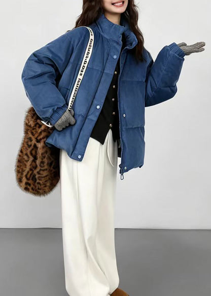Simple Blue Stand Collar Corduroy Fine Cotton Filled Puffer Jacket Winter