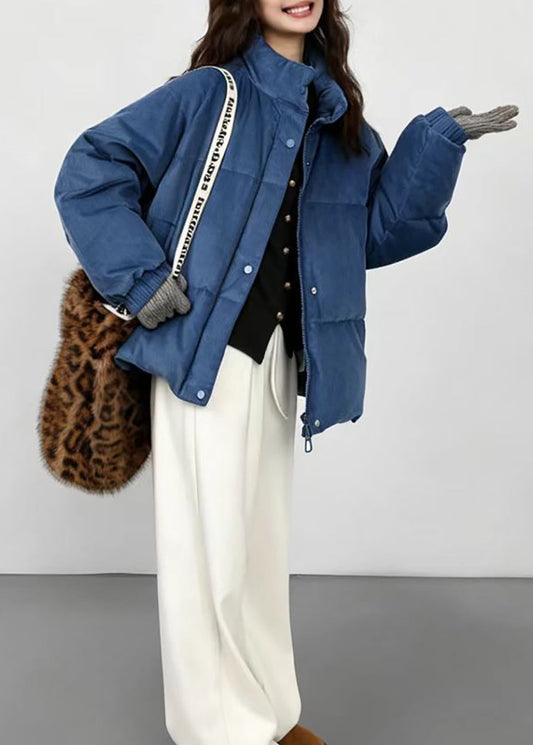 Simple Blue Stand Collar Corduroy Fine Cotton Filled Puffer Jacket Winter