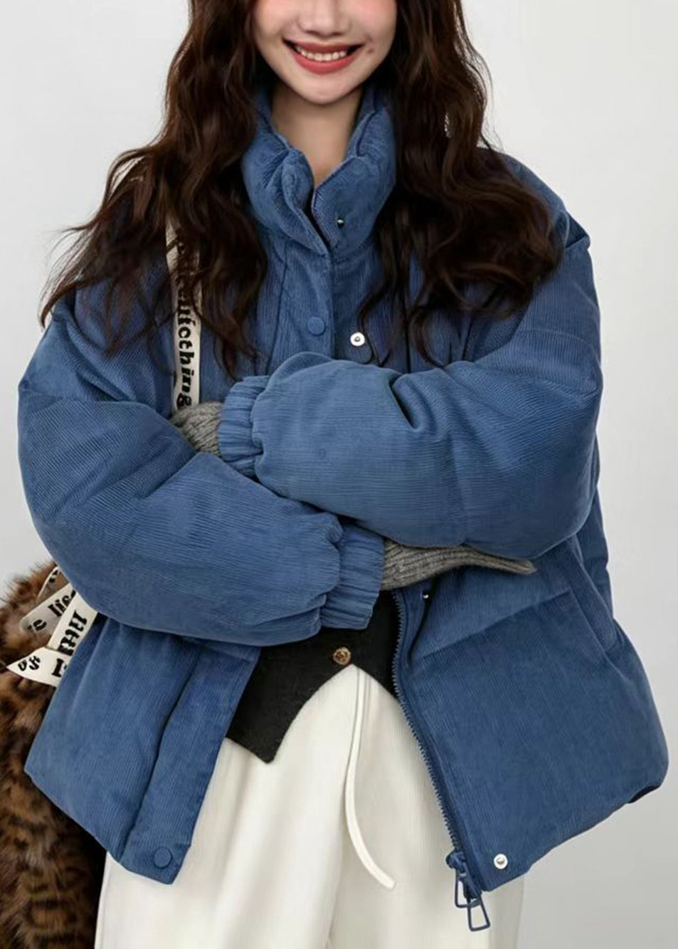 Simple Blue Stand Collar Corduroy Fine Cotton Filled Puffer Jacket Winter