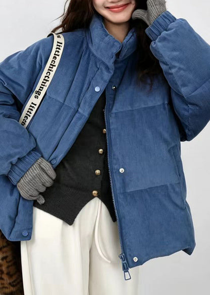 Simple Blue Stand Collar Corduroy Fine Cotton Filled Puffer Jacket Winter
