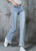 Simple Blue Tasseled Nail Bead Denim Ripped Pants Summer