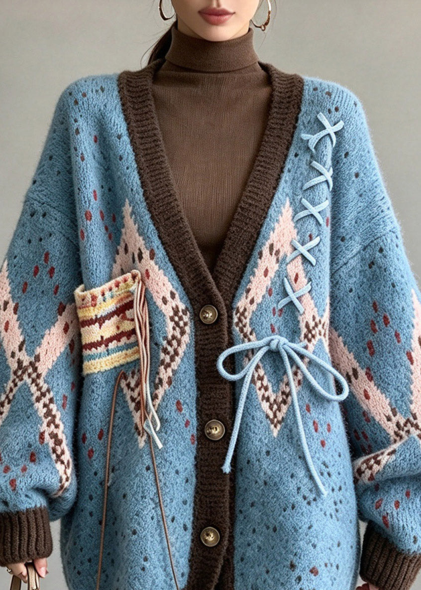 Simple Blue V Neck Print Cotton Knit Cardigans Lantern Sleeve