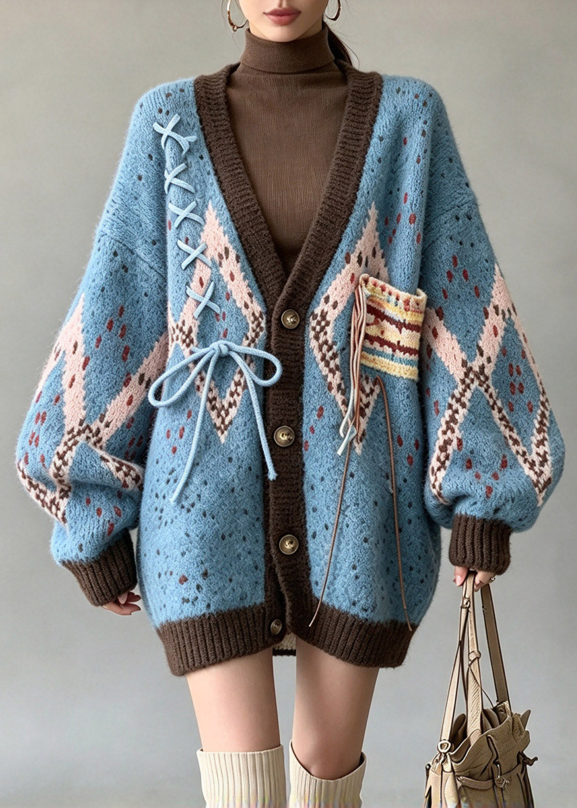 Simple Blue V Neck Print Cotton Knit Cardigans Lantern Sleeve