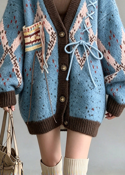Simple Blue V Neck Print Cotton Knit Cardigans Lantern Sleeve