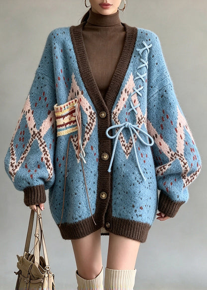 Simple Blue V Neck Print Cotton Knit Cardigans Lantern Sleeve