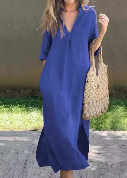 Simple Blue V Neck Side Open Linen Long Dress Summer