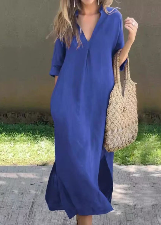 Simple Blue V Neck Side Open Linen Long Dress Summer