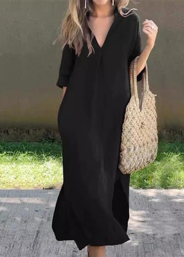 Simple Blue V Neck Side Open Linen Long Dress Summer