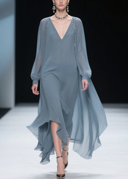 Simple Blue V Neck Solid Chiffon Long Dress Spring