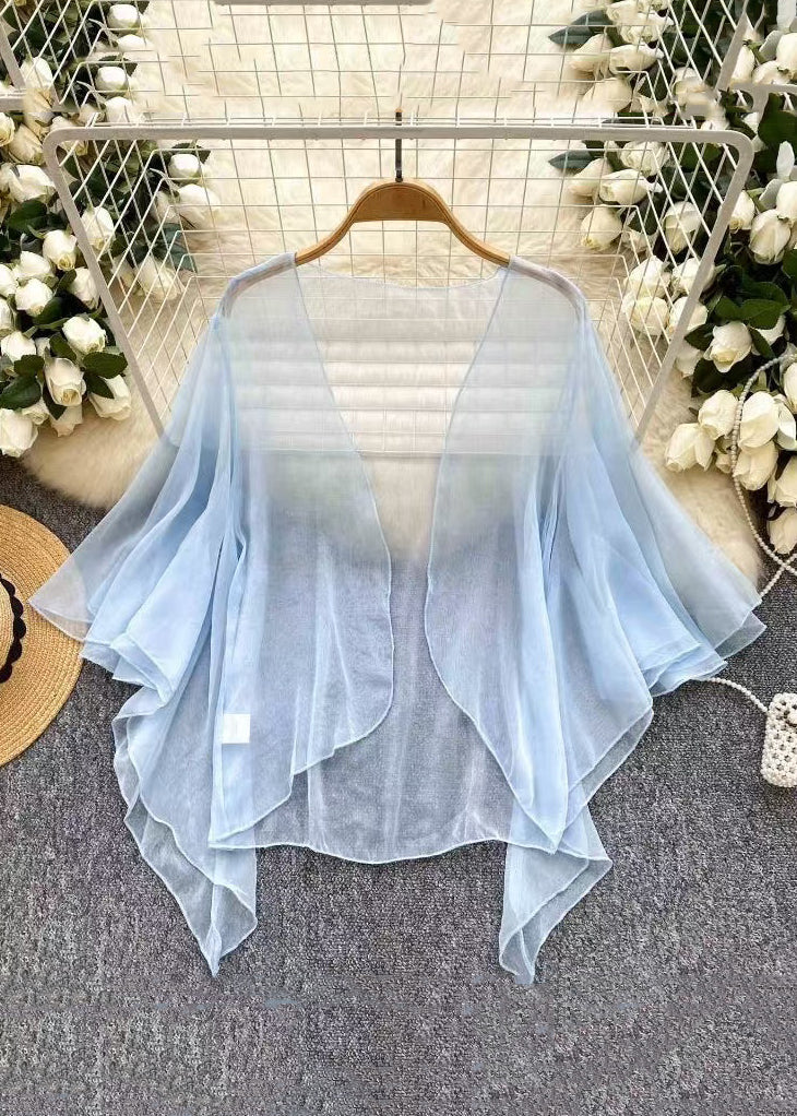 Simple Blue V Neck Solid Tulle Cardigan Summer