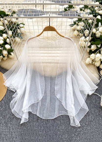 Simple Blue V Neck Solid Tulle Cardigan Summer