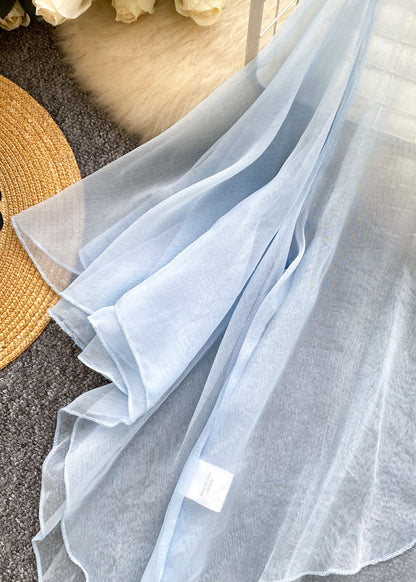 Simple Blue V Neck Solid Tulle Cardigan Summer