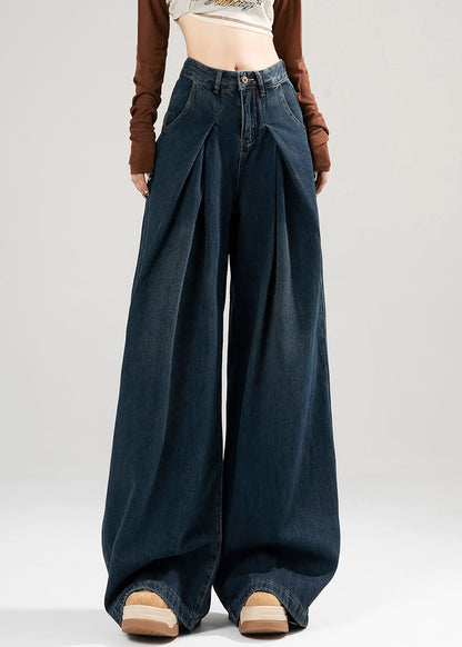 Simple Blue Wrinkled High Waist Denim Wide Leg Pants Spring