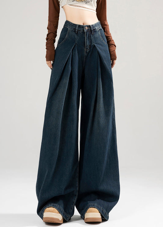 Simple Blue Wrinkled High Waist Denim Wide Leg Pants Spring