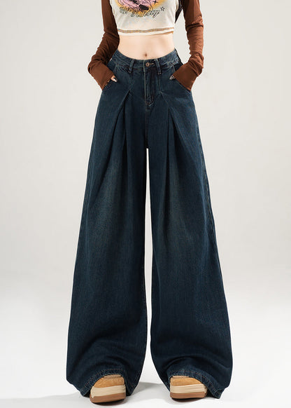 Simple Blue Wrinkled High Waist Denim Wide Leg Pants Spring