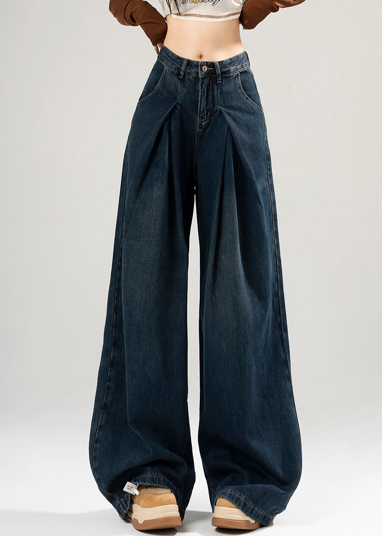Simple Blue Wrinkled High Waist Denim Wide Leg Pants Spring