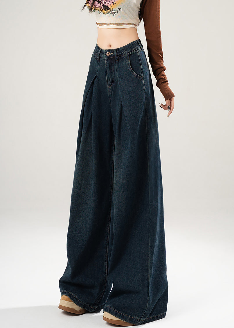 Simple Blue Wrinkled High Waist Denim Wide Leg Pants Spring