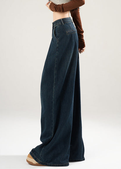 Simple Blue Wrinkled High Waist Denim Wide Leg Pants Spring