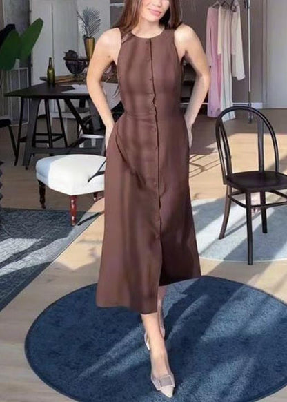 Simple Brown Button Down Cotton Straight Dress Sleeveless