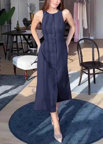 Simple Brown Button Down Cotton Straight Dress Sleeveless