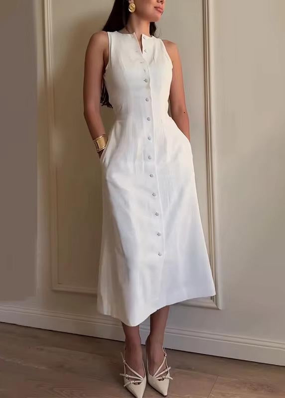 Simple Brown Button Down Cotton Straight Dress Sleeveless