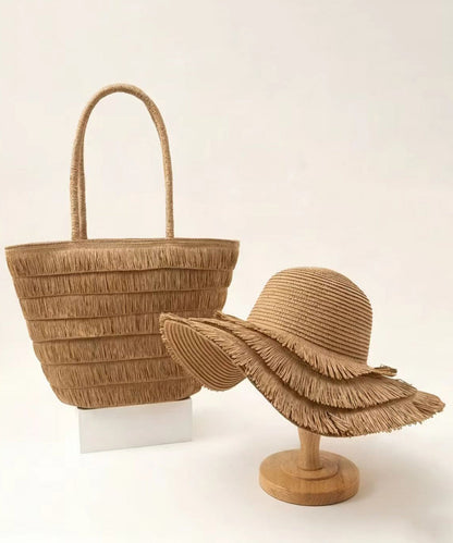 Simple Brown Large Capacity Straw Woven Floppy Sun Hat And Shoulder Handbag Two Pieces Set