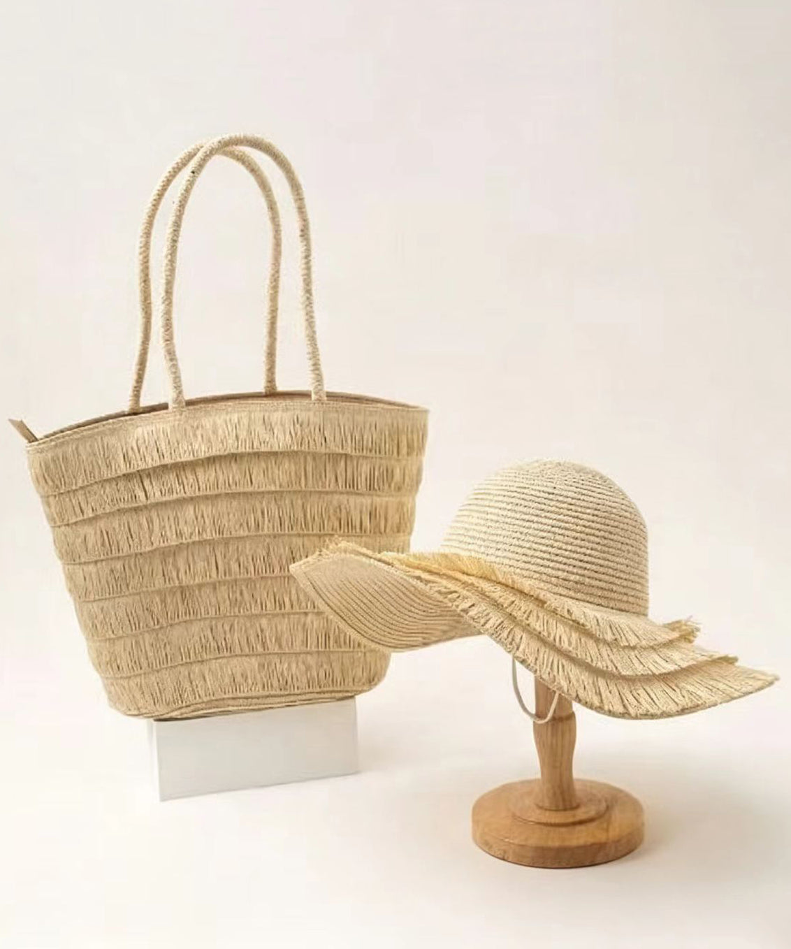 Simple Brown Large Capacity Straw Woven Floppy Sun Hat And Shoulder Handbag Two Pieces Set
