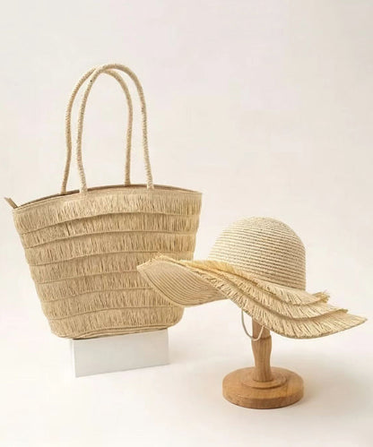 Simple Brown Large Capacity Straw Woven Floppy Sun Hat And Shoulder Handbag Two Pieces Set