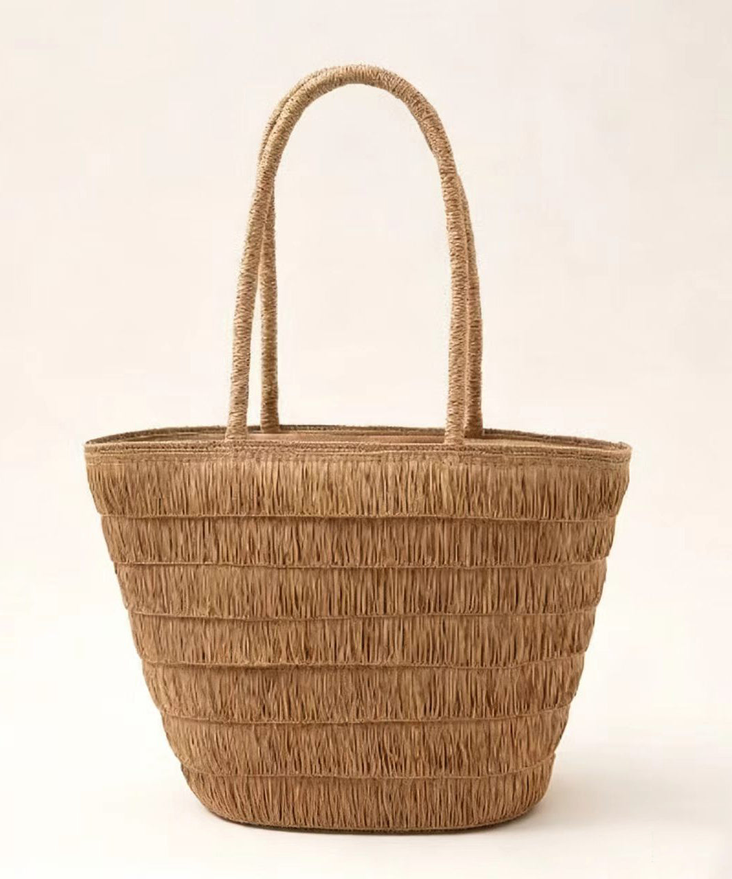Simple Brown Large Capacity Straw Woven Floppy Sun Hat And Shoulder Handbag Two Pieces Set