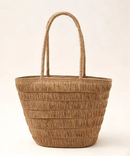 Simple Brown Large Capacity Straw Woven Floppy Sun Hat And Shoulder Handbag Two Pieces Set