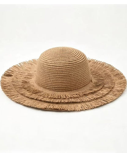 Simple Brown Large Capacity Straw Woven Floppy Sun Hat And Shoulder Handbag Two Pieces Set