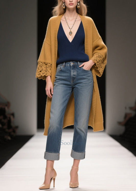 Simple Brown Oversized Patchwork Lace Cardigan Fall