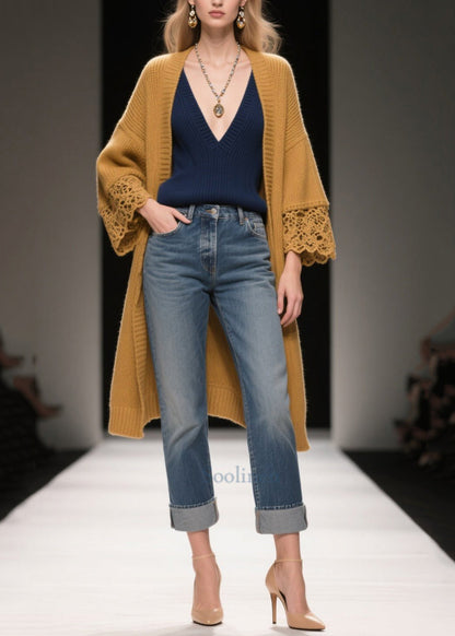 Simple Brown Oversized Patchwork Lace Cardigan Fall